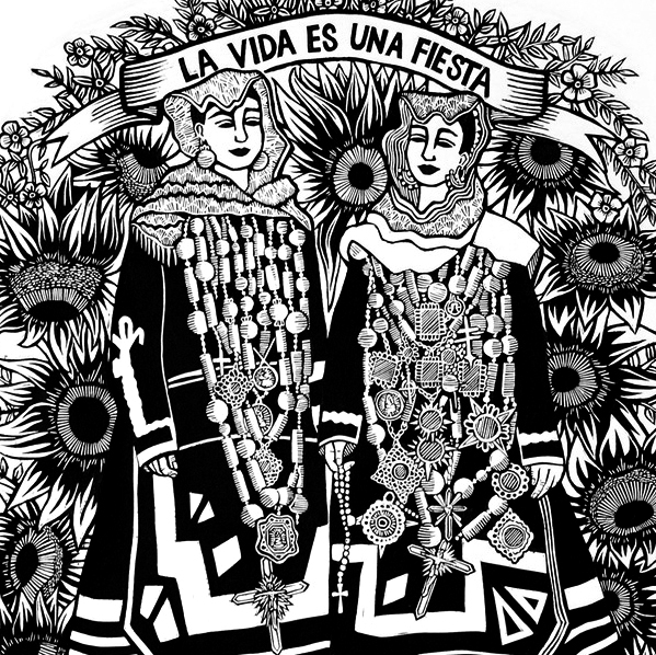 La vida es una fiesta, Ainoa Riesco. Linocut print. Illustration. Traje de Vistas.